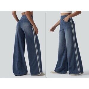 Halara Flex Womens High Waisted Stripe Wide Leg Flowy Jeans NWOT Size XL